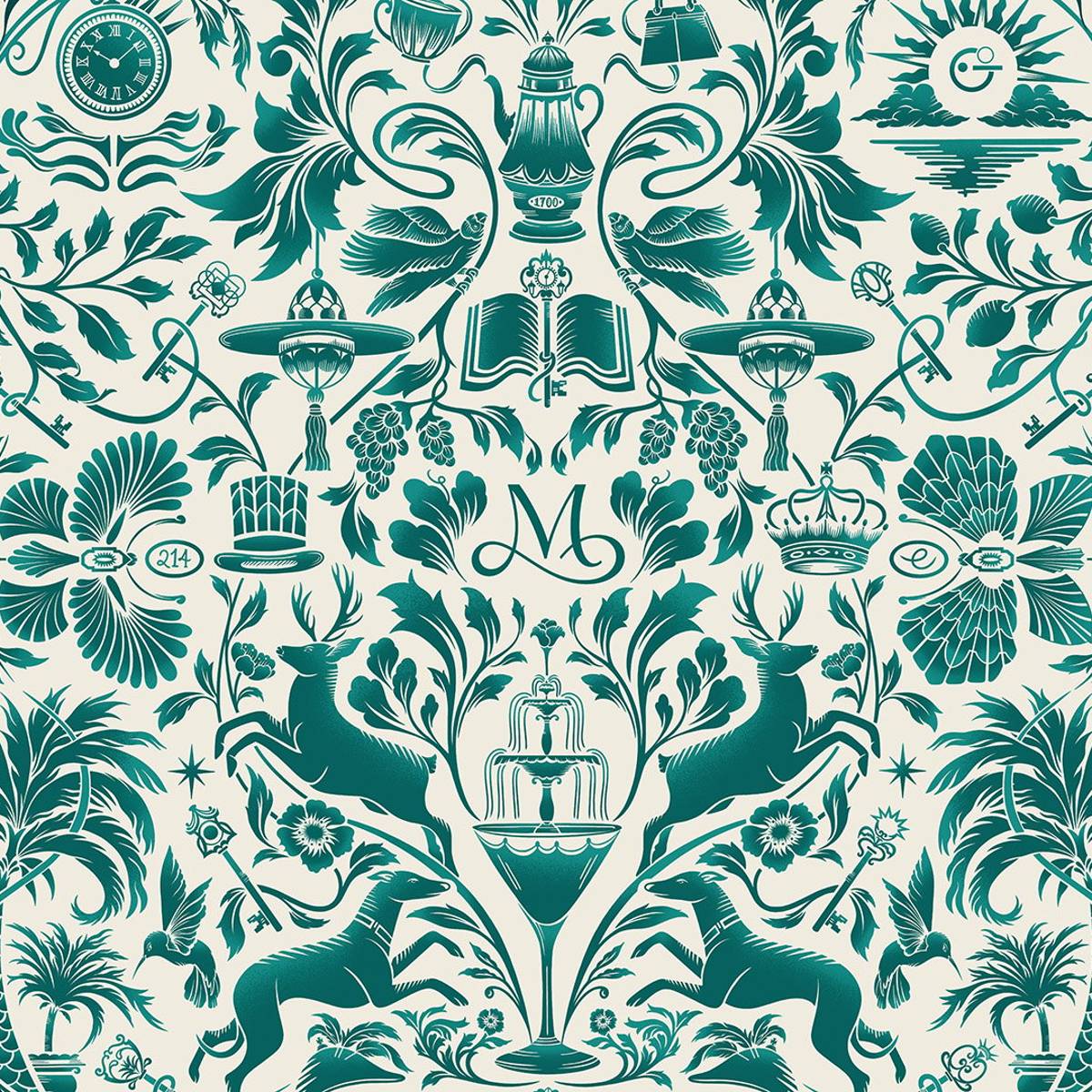 Elegant tapestry featuring intricate green illustrations of flora, fauna, and luxury symbols, evoking timeless sophistication in Maybourne's signature style