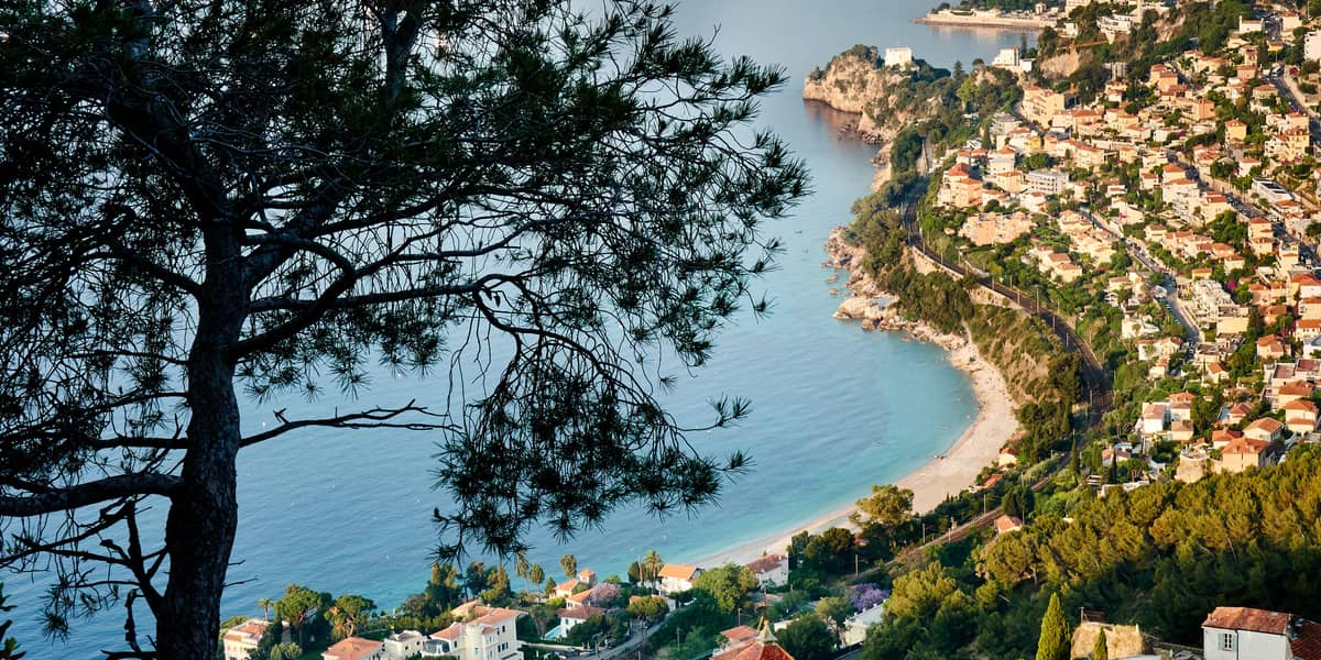 Stunning coastal view of a hillside village with vibrant rooftops, turquoise waters, and a dramatic pine tree silhouette.