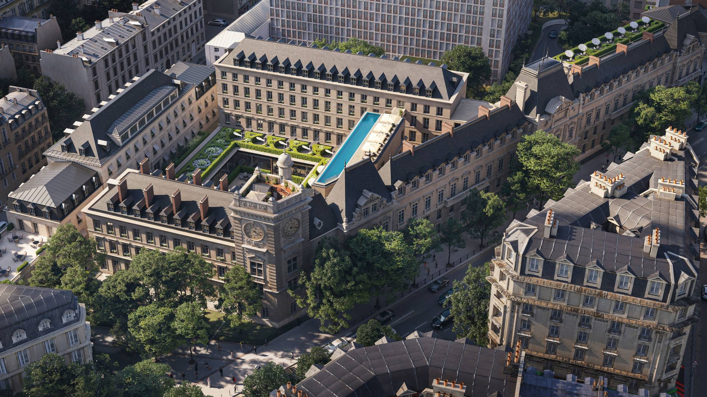 Aerial view of The Maybourne Saint-Germain, a luxury hotel in Paris, featuring a rooftop pool, lush gardens, and historic architecture.
