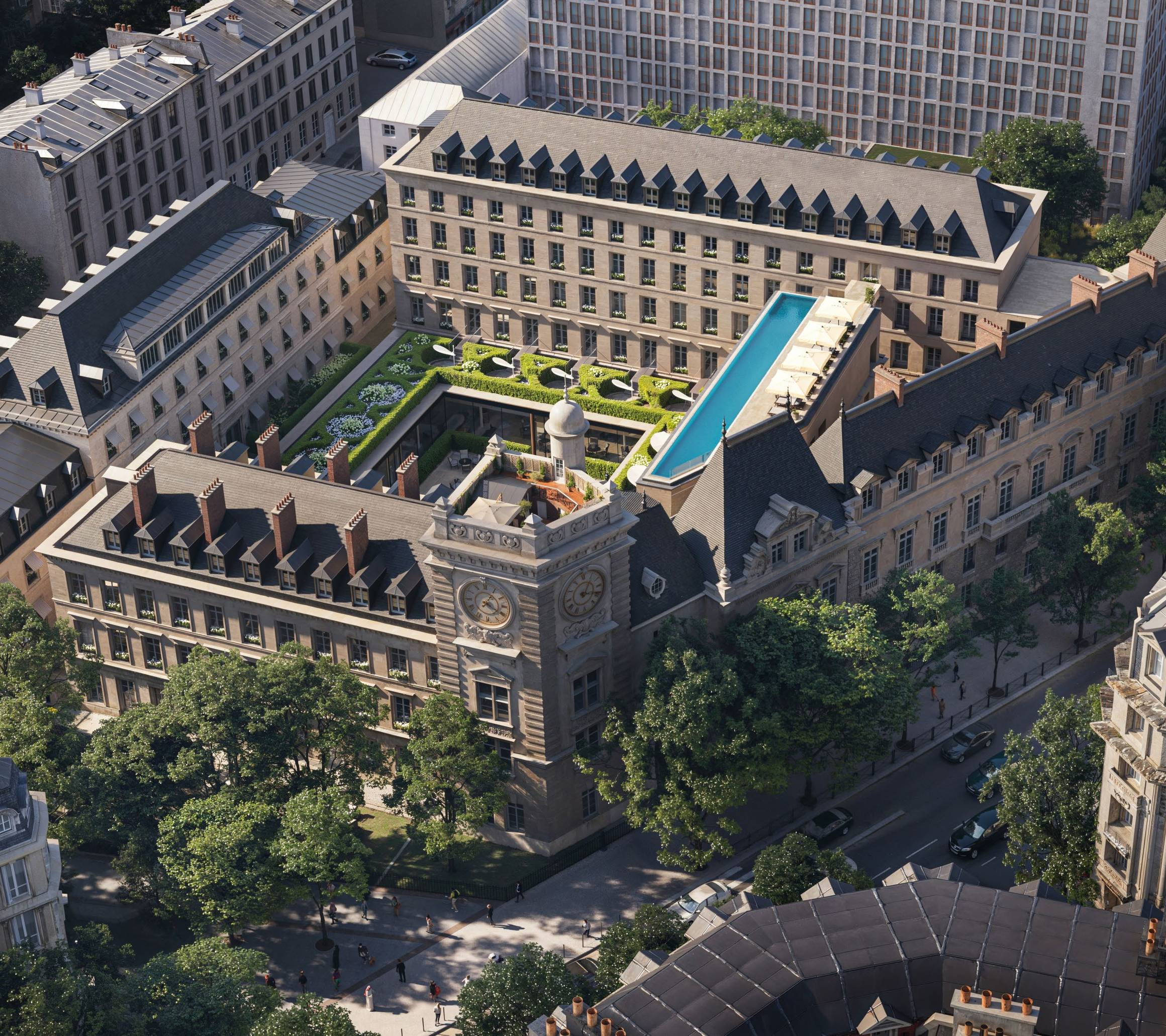 Aerial view of The Maybourne Saint-Germain, a luxury hotel in Paris, featuring a rooftop pool, lush gardens, and historic architecture.