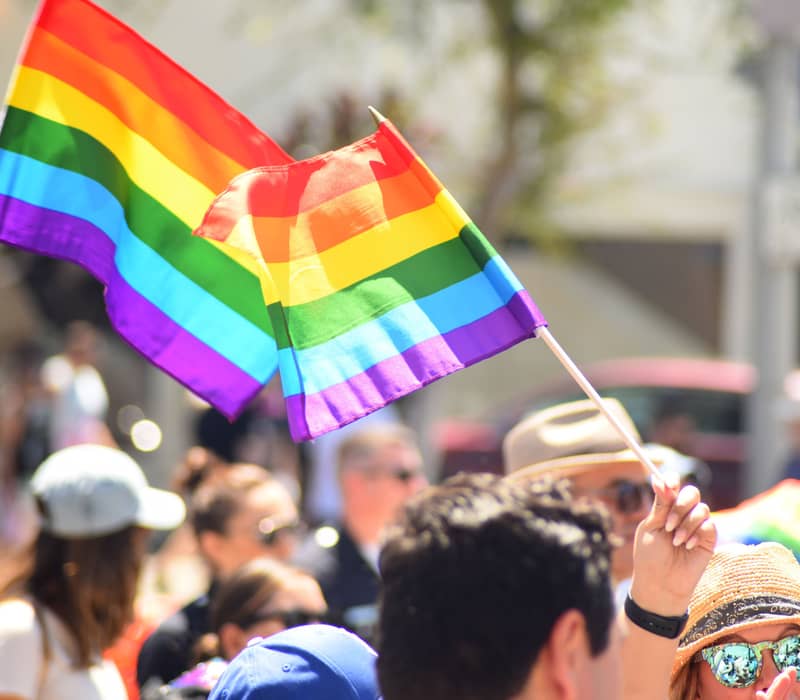 People waving rainbow pride flags in a sunlit crowd during a lively LGBTQ+ parade.