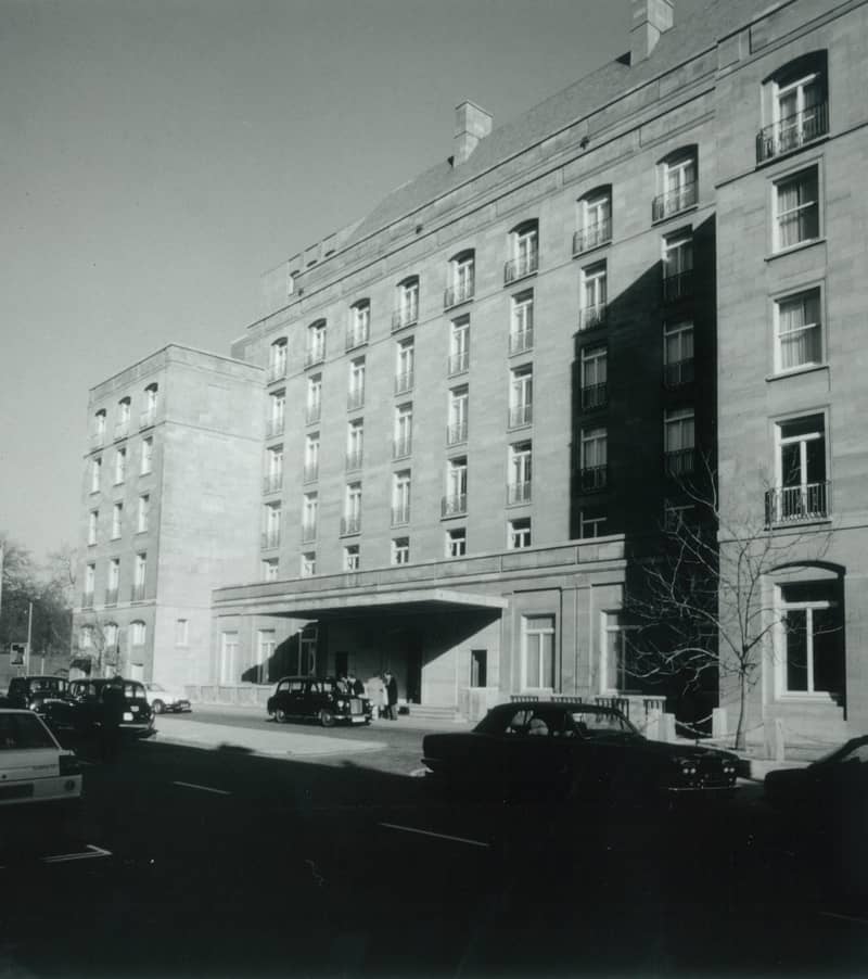 Vintage image of The Berkeley, showcasing its historic move and grand facade in classic monochrome style.