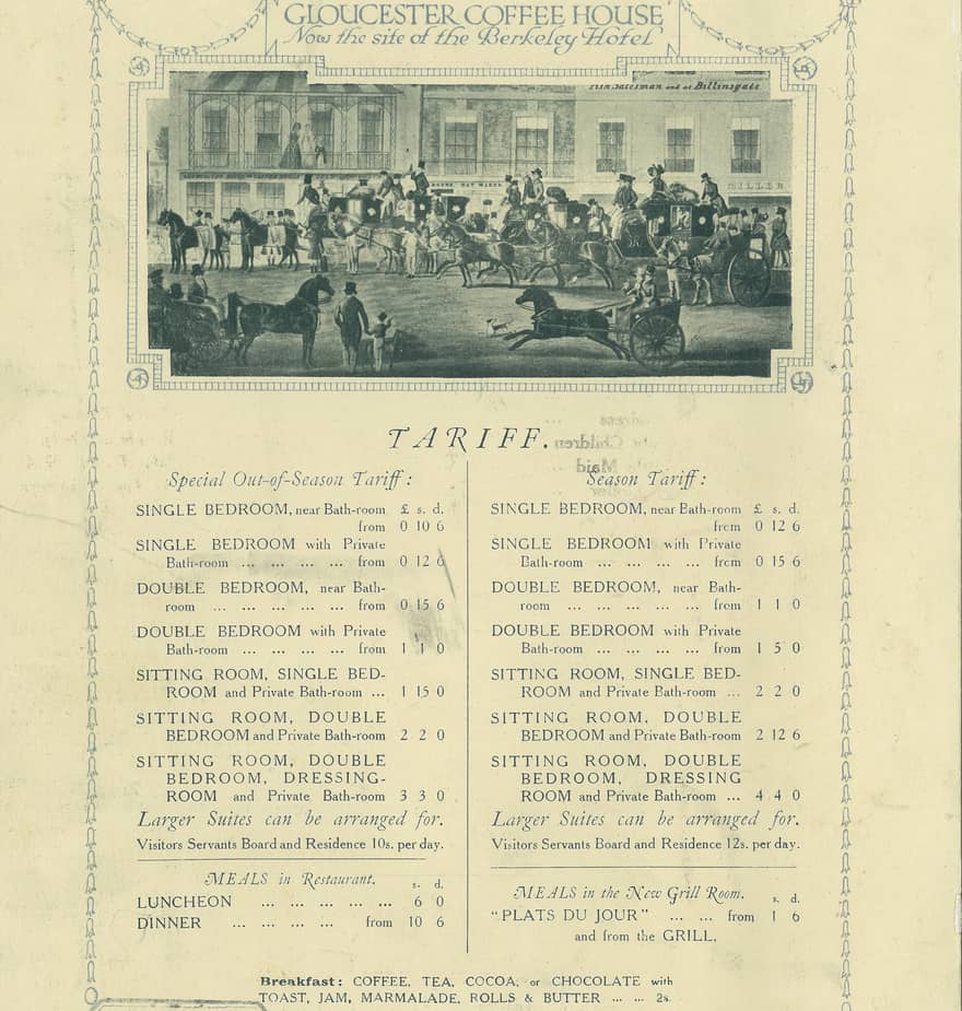 Vintage tariff sheet from Gloucester Coffee House, listing room rates and meal prices, with an illustration of horse-drawn carriages