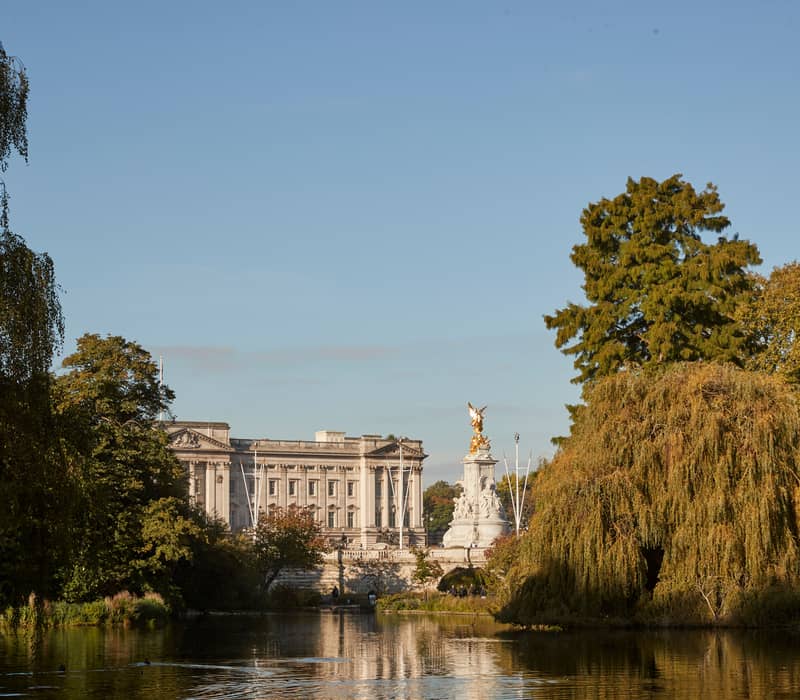 A scenic view of Buckingham Palace and the Victoria Memorial, framed by lush greenery and reflected in a tranquil pond.