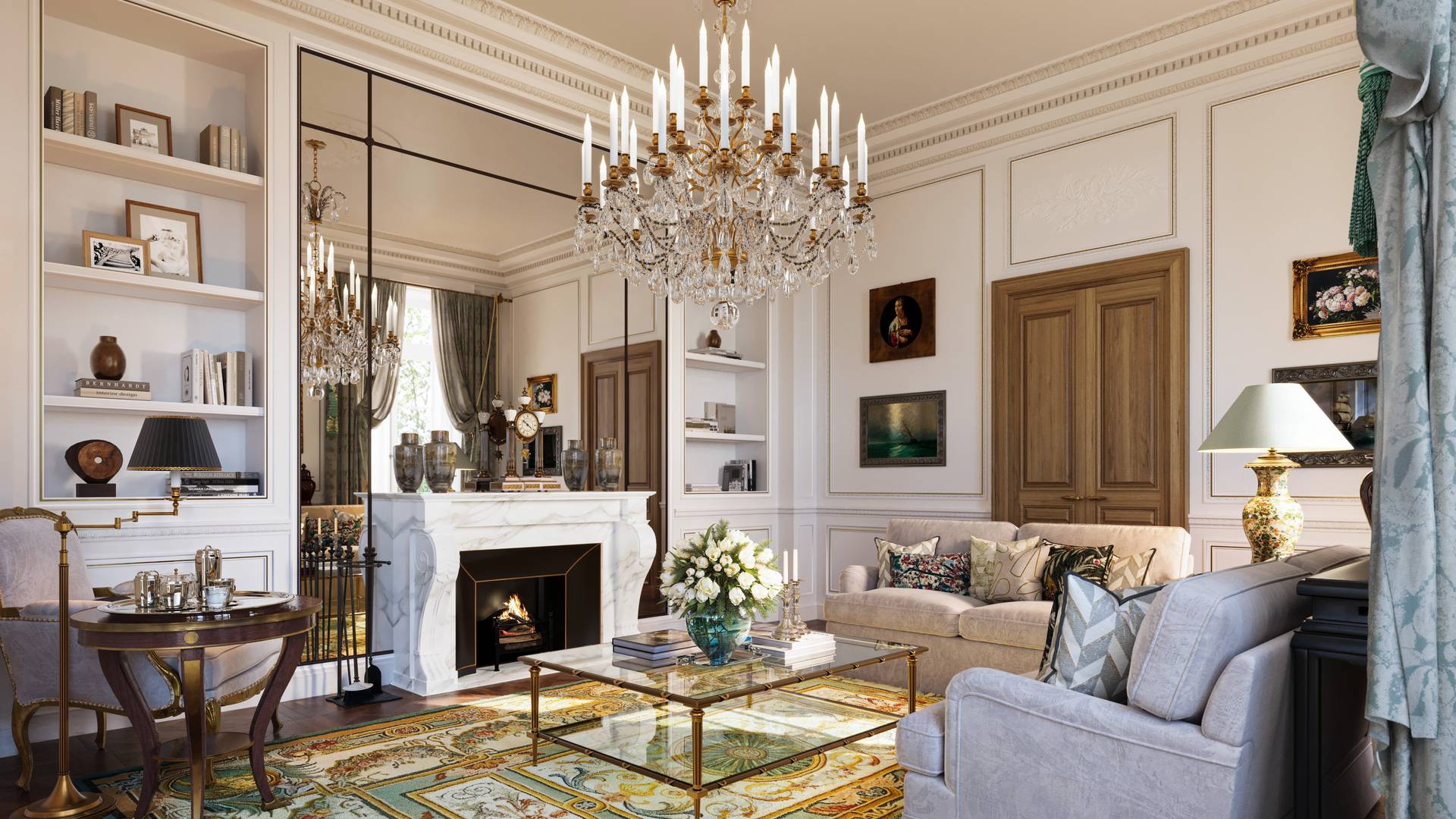 Luxurious classic lounge with crystal chandeliers, ornate fireplace, antique furnishings, and richly patterned rug in soft daylight.