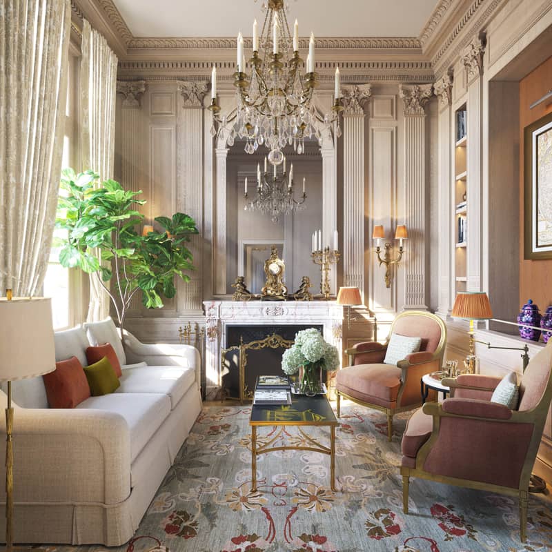 A grand living space with intricate wood paneling, a marble fireplace, gilded accents, and a crystal chandelier exuding timeless elegance.