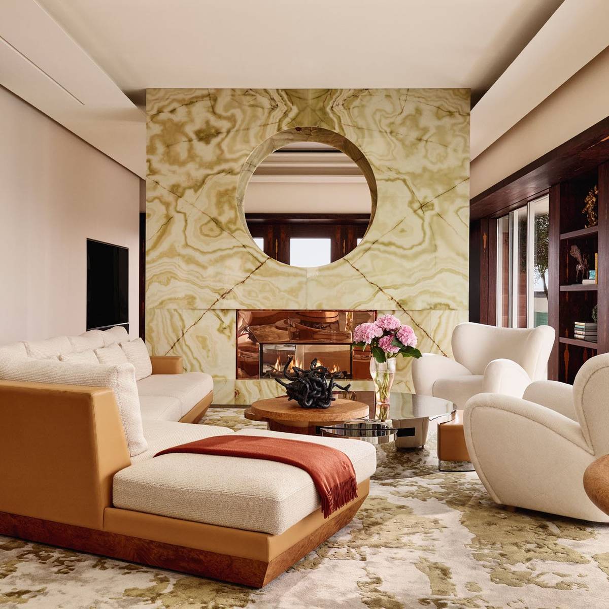 Luxurious penthouse living room with marble fireplace, sculptural furniture, abstract art, and panoramic windows overlooking a bright skyline.