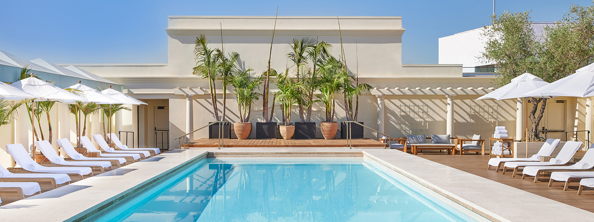 Rooftop swimming pool at The Maybourne Beverly Hills with loungers on the side and trees in the back.